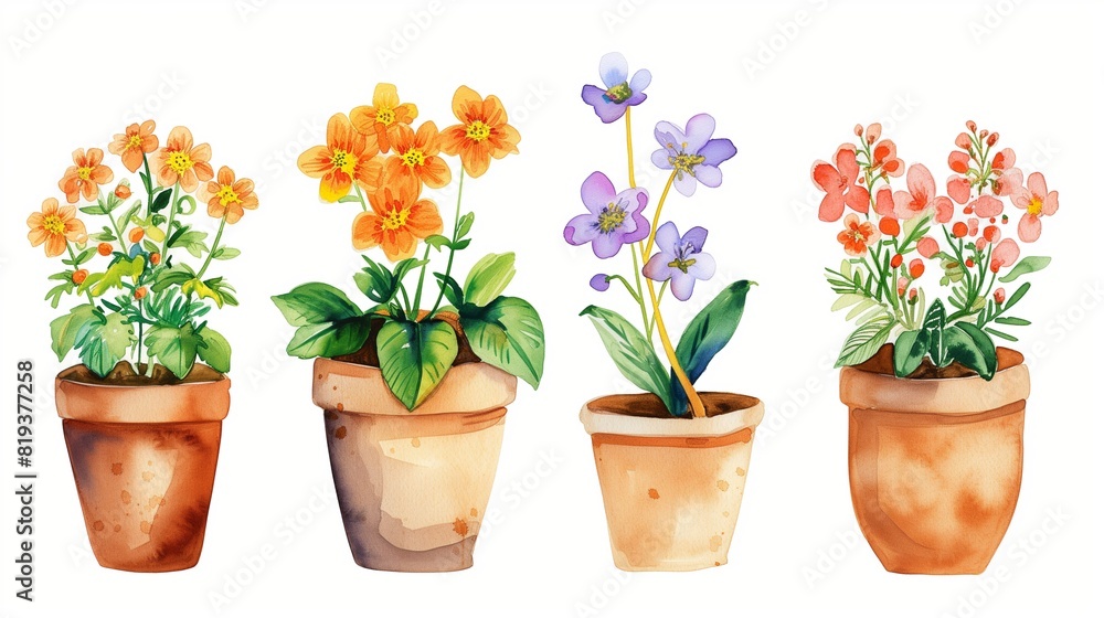 Watercolor painting of flowers in a pot on a white background