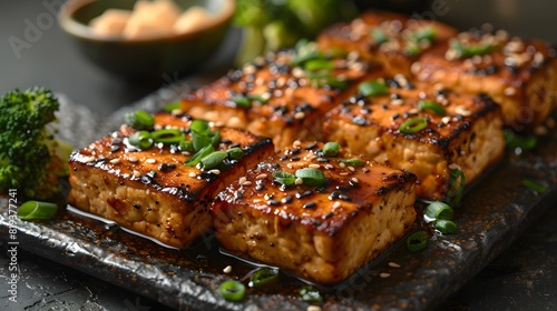 Glazed grilled tofu with sesame seeds and green onions, served with steamed broccoli on ceramic plate