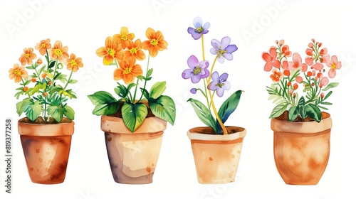 Fototapeta Naklejka Na Ścianę i Meble -  Watercolor painting of flowers in a pot on a white background