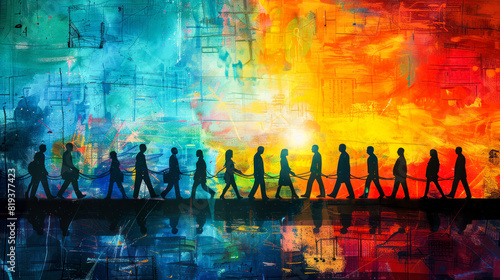 A painting depicting a group of diverse individuals walking together on colorful background