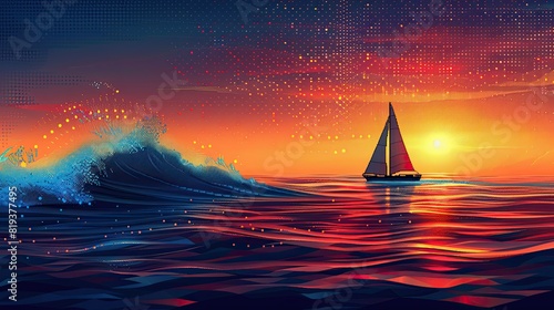 Create a minimalist pixel art logo featuring a sailboat on a beautiful sea wave. Set at dawn, the color palette should include blues and light oranges  photo