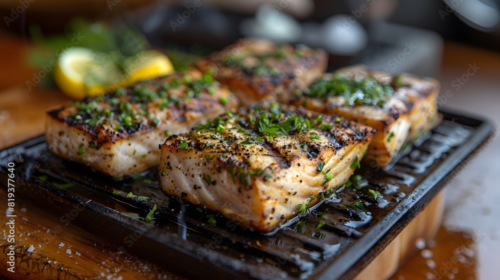 Grilled Halibut Steaks with Fresh Lemon, Chopped Herbs, and Light Seasoning of Sea Salt and Pepper, Succulent Fish Dish with Hint of Citrus Grilled Halibut Steaks with Fresh Lemon, Chopped Herbs, and Light Seasoning of Sea Salt and Pepper, Succulent Fish Dish with Hint of Citrus