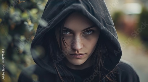 Suspicious woman in black hood photo