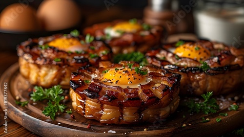 Bacon Wrapped Egg Cups with Fresh Herbs, Black Pepper, and Touch of Sea Salt on Wooden Board, Savory Breakfast Treat with Crispy Bacon photo