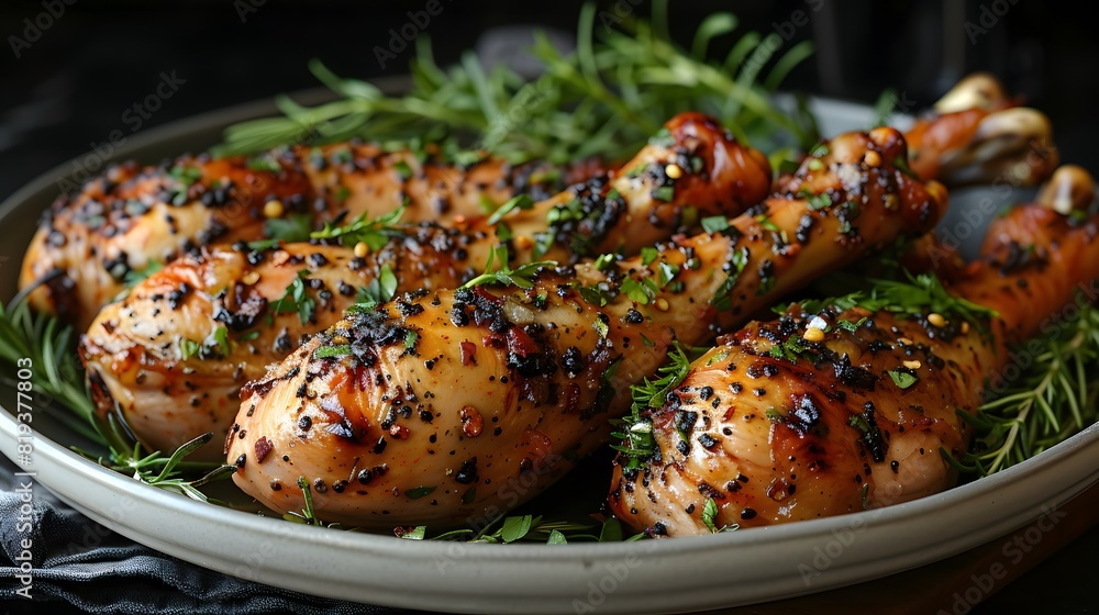 Glazed chicken drumsticks with herbs and spices, garnished with rosemary and parsley on ceramic plate Glazed chicken drumsticks with herbs and spices, garnished with rosemary and parsley on ceramic plate