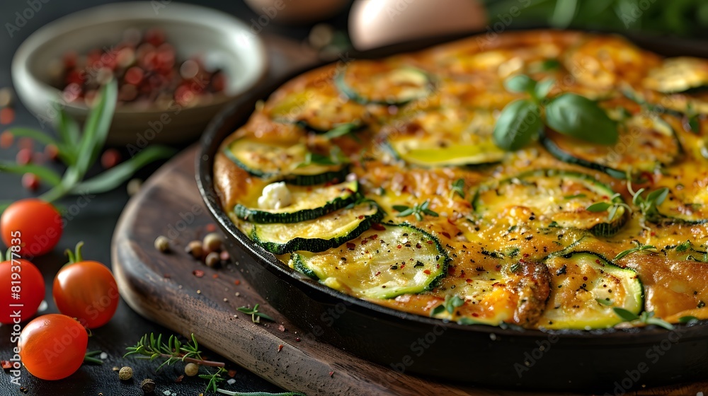 Cheesy zucchini and tomato frittata with fresh basil and cherry tomatoes, baked to golden perfection Cheesy zucchini and tomato frittata with fresh basil and cherry tomatoes, baked to golden perfection