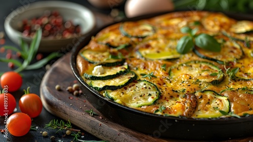 Cheesy zucchini and tomato frittata with fresh basil and cherry tomatoes, baked to golden perfection