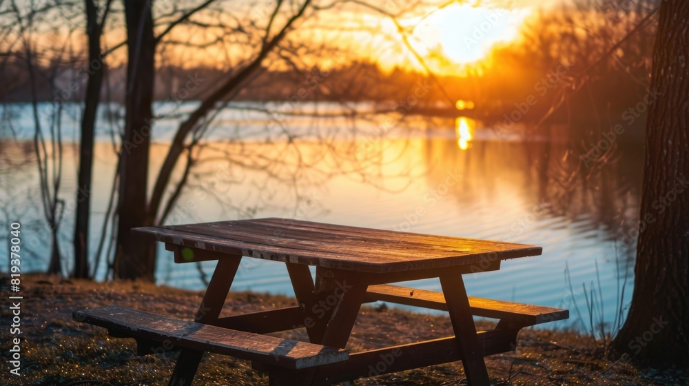 Table and bench in nature. Sunset on the lake Table and bench in nature. Sunset on the lake