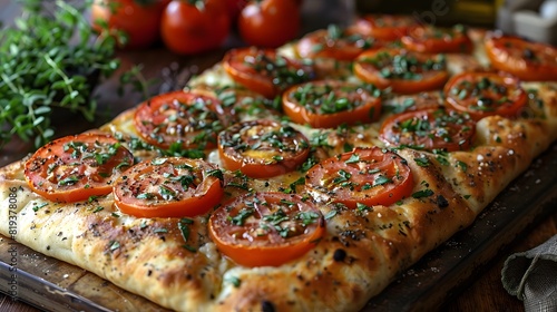 Rustic Homemade Flatbread Topped with Fresh Sliced Tomatoes  Herbs  and Olive Oil  Baked to Perfection