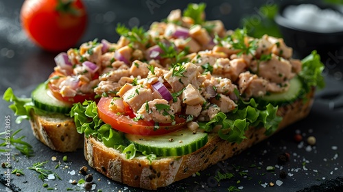 Healthy Open-Faced Sandwich with Chicken Salad, Lettuce, Tomatoes, Cucumbers, and Fresh Herbs on Artisan Bread