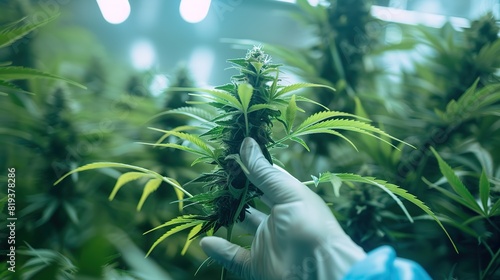 Scientists gather gratifying cannabis plant bud for medical research and production in a curative indoor hydro farm with secateurs. Cannabis concept for medical purposes in grow facility. photo