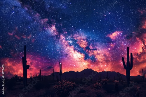A starry night sky over a remote desert, with a silhouette of cacti and the Milky Way visible