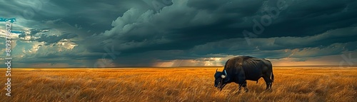 A stoic buffalo grazing peacefully on a grassy plain under a stormy sky