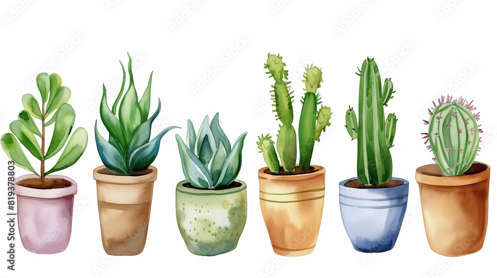 Watercolor painting of a cactus in a pot on a white background Watercolor painting of a cactus in a pot on a white background