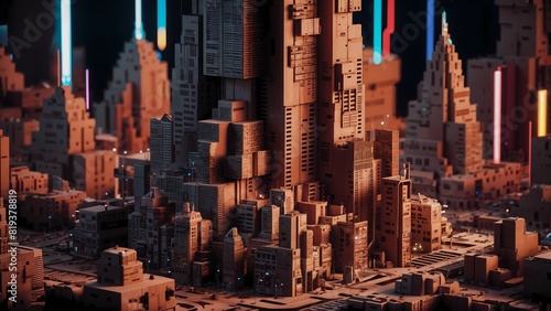 A futuristic cityscape crafted entirely from intricately folded cardboard boxes  glowing with neon lights.