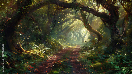 a winding path cutting through a dense forest, dappled sunlight filtering through the canopy above? The path is carpeted with fallen leaves and patches of moss, lending a softness to the earthy trail