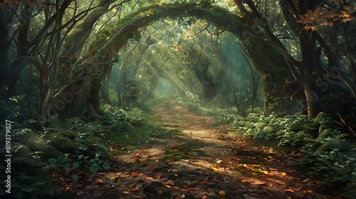 a winding path cutting through a dense forest  dappled sunlight filtering through the canopy above  The path is carpeted with fallen leaves and patches of moss  lending a softness to the earthy trail