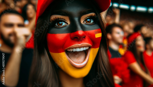 A woman with a red, yellow and black face paint is smiling and looking at the camera. She is surrounded by a crowd of people, all wearing red and yellow. Scene is joyful and celebratory, as the woman © Jakob