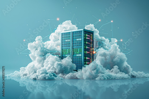 Illustrative image of computer servers on clouds representing cloud computing.Cloud Network Solution digital background. Cyber Security and Cloud Technology Concept.
