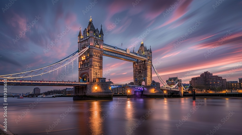 Obraz premium The lights of the iconic Tower Bridge come on as the sun sets over the Thames in London, England