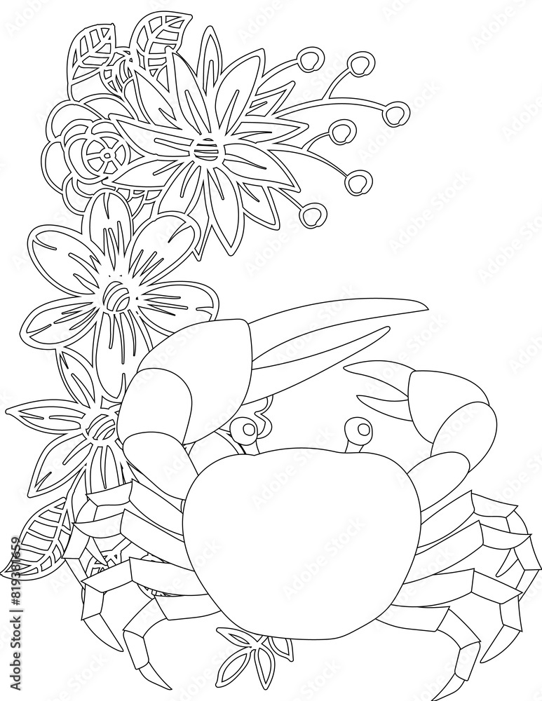 Crab and A Floral Vine Coloring Page. Printable Coloring Worksheet for Adults and Kids. Educational Resources for School and Preschool.