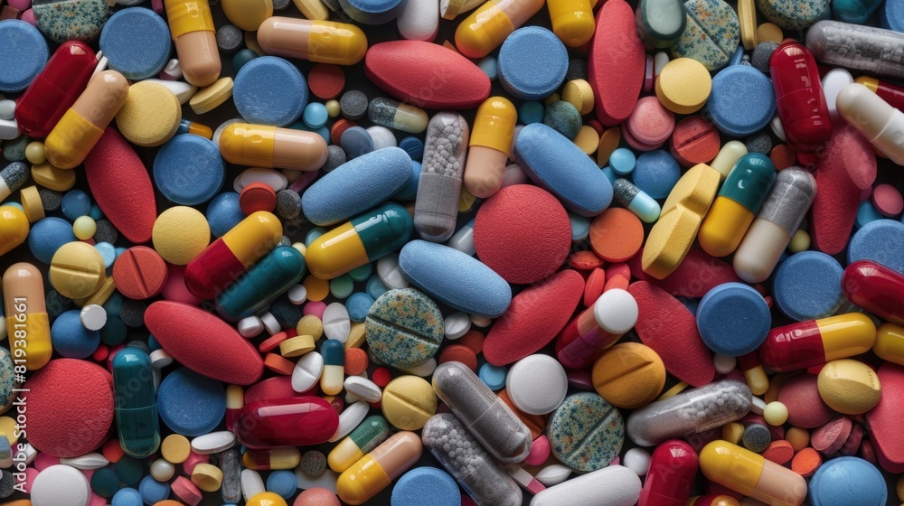 The different coloured pills and capsules in the pile are shown The different coloured pills and capsules in the pile are shown