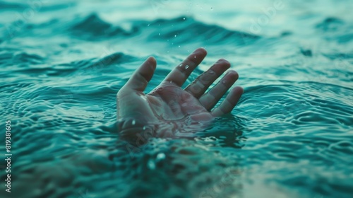 The desperate hand of a drowning person in sea water, quickly needing help and rescue - Drowning concept to illustrate emergency.