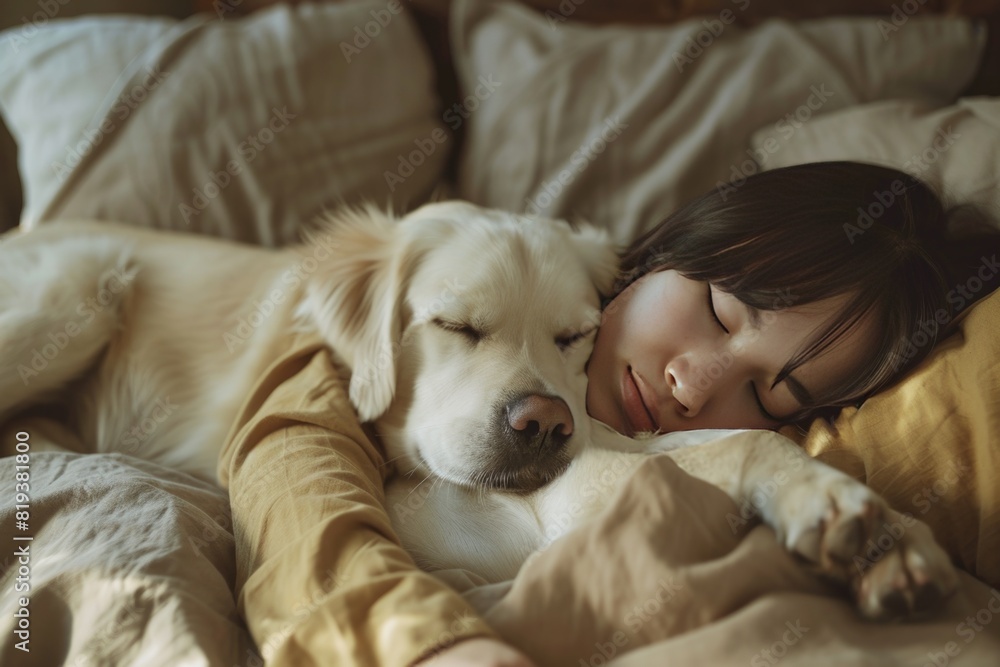 The dog sleeps on the bed with the owner. The dog sleeps on the bed with the owner.