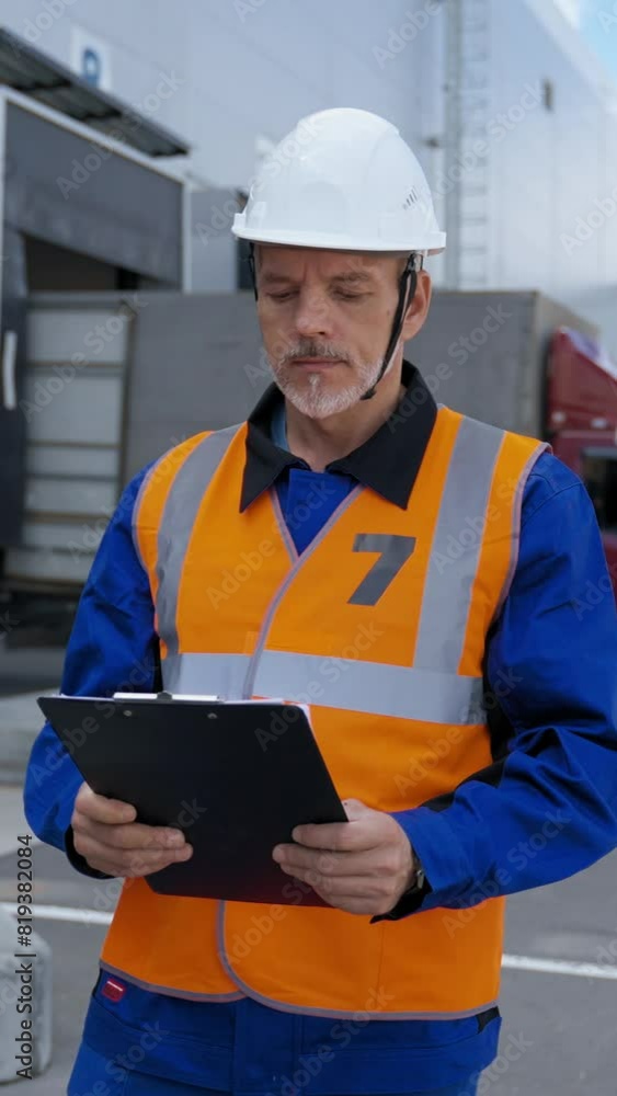 Engineer in white helmet stands near warehouse doing stock tick check. Mature man in uniform looks at plan of inspection on clipboard Vertical Shot. Engineer in white helmet stands near warehouse doing stock tick check. Mature man in uniform looks at plan of inspection on clipboard Vertical Shot.