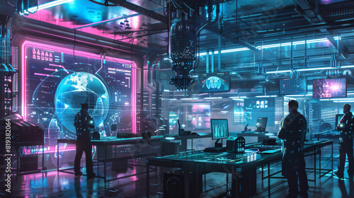 A futuristic tech lab or workspace showcasing advanced technology and innovative gadgets. Include elements like holographic displays, robots, and 3D printers. The scene can feature a team of scientist