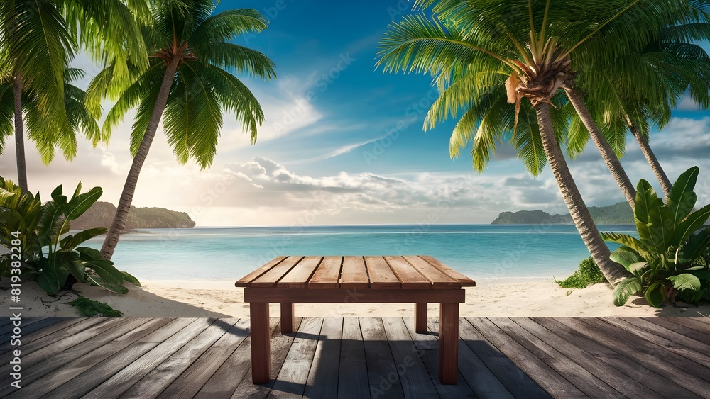 Fototapeta premium wooden table with palm leaves and a blurred background of the sea and sky at a tropical beach. caribbean coast