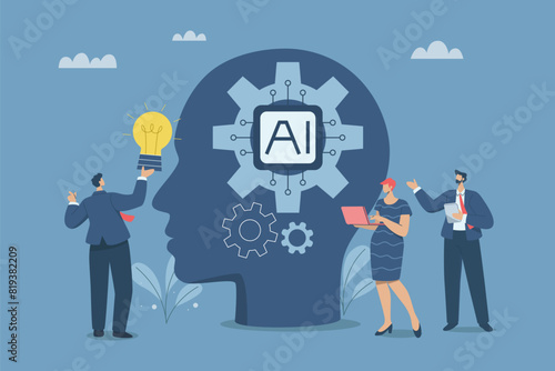 Business team working with AI. Technology helps research important information and create ideas,  AI, Artificial intelligence supports business success, Robot work with company personnel,  Vector.