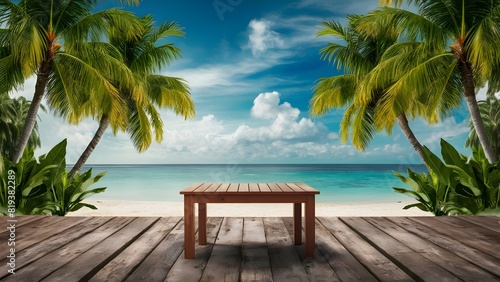 wooden table with palm leaves and a blurred background of the sea and sky at a tropical beach, caribbean coast © yisby