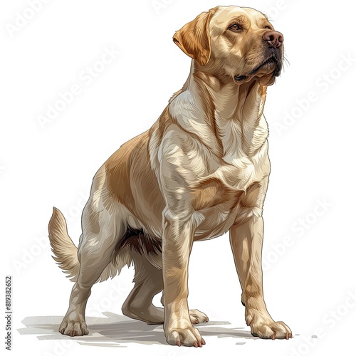 Draw a Labrador with a pure white background and a standing posture, fully showcasing the dog's body lines