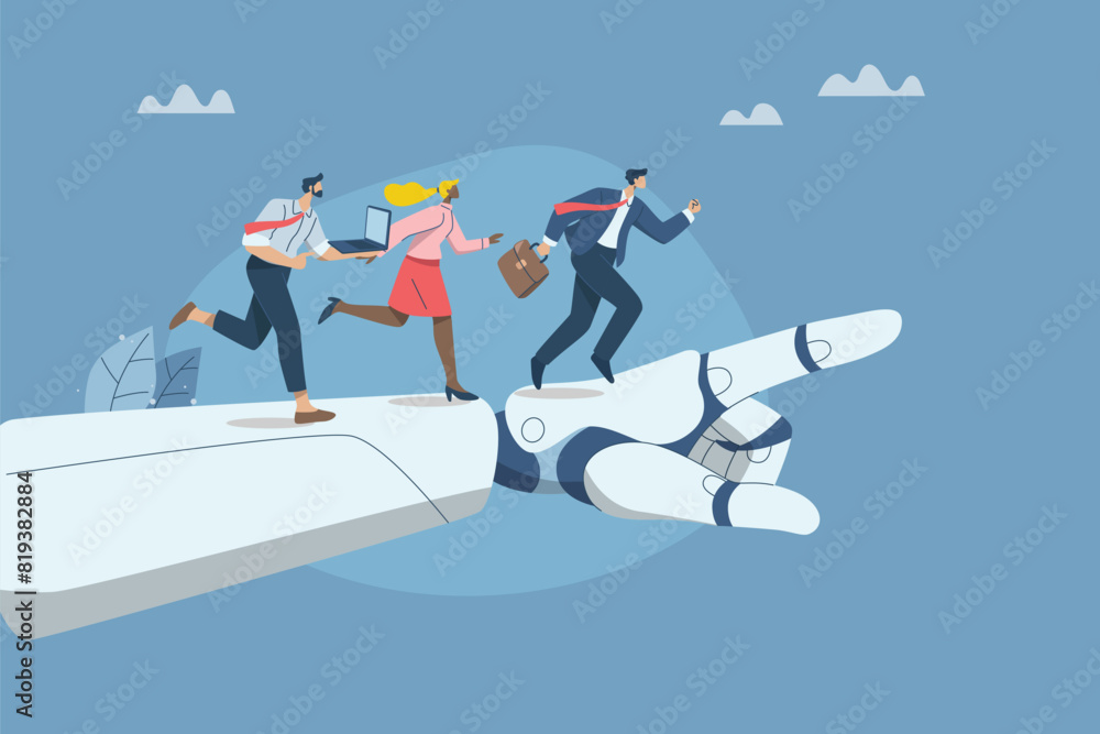 © wenich - Collaboration of personnel with artificial intelligence, Setting goals to improve company growth with the support of AI, New innovative concept, Business team runs up on robot hand pointing upwards.