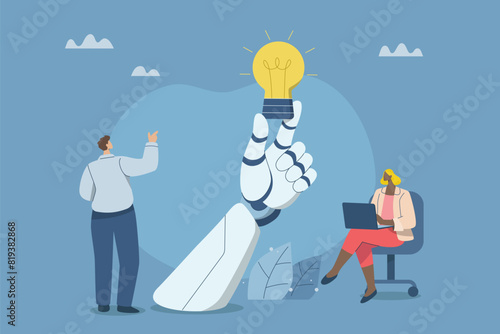 Collaboration of personnel with artificial intelligence or AI, Promoting ideas and creativity, Innovative new product development, Business team working with a robot hand that holds a light bulb.