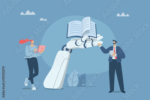 Artificial intelligence tools for business ideas with data analysis, AI, promoting important information and supporting business with new innovations, Business team with a robot arm holding books.
