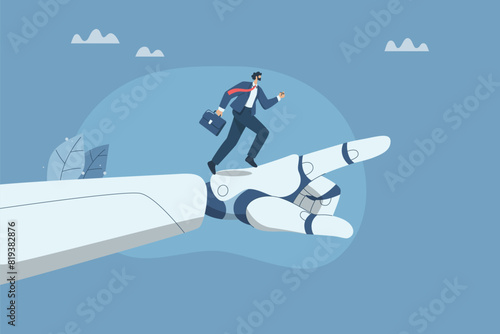 Collaboration of personnel with artificial intelligence, Setting goals to improve company growth with the support of AI, New innovative concept, Businessman runs up on robot hand pointing upwards.