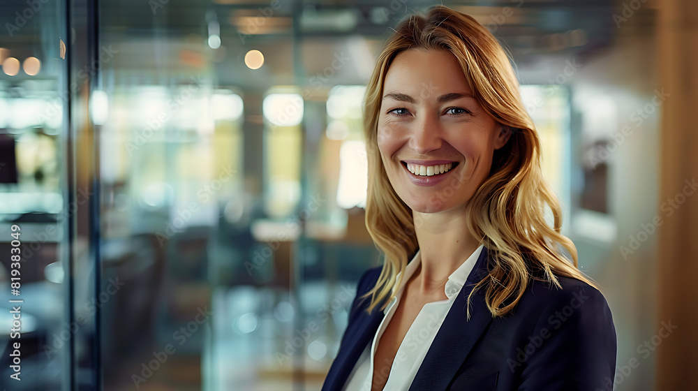 A professional and confident business woman smiling at the camera, dressed in a stylish business suit. She stands in a modern office environment, with glass walls and contemporary furniture in the bac A professional and confident business woman smiling at the camera, dressed in a stylish business suit. She stands in a modern office environment, with glass walls and contemporary furniture in the bac
