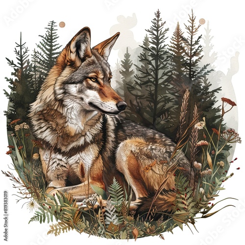 Draw hyper realistic animals  she-wolf  in the forest  on a white background  in full growth. in Renaissance style  in PNG format. natural colors  