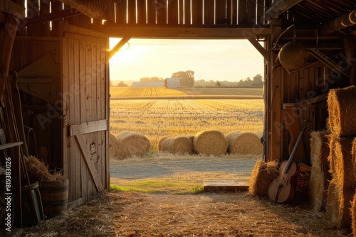The inside of a barn with door open looking into the fields at golden hour, hay bales, instruments and tools