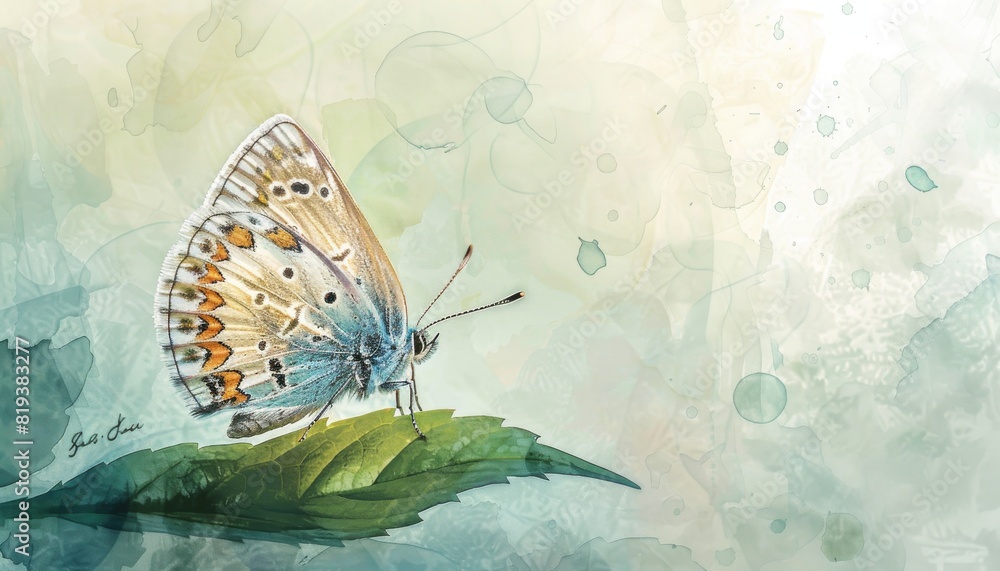 Obraz premium Delicate butterfly on green leaf, watercolor painting.