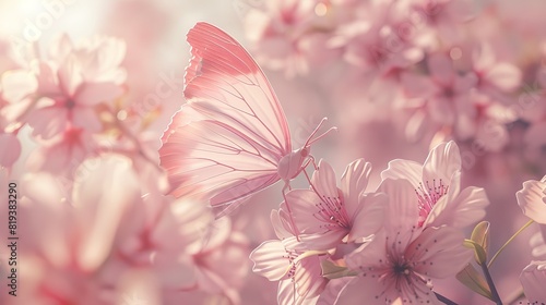 Delicate pink butterfly on a cherry blossom branch. photo