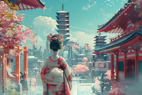 A beautiful Japanese woman in a kimono is walking down a street in a traditional Japanese town. The cherry blossoms are in bloom and the sun is shining.