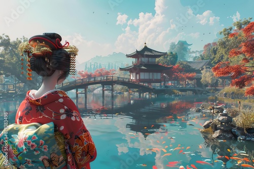 A beautiful Japanese woman in a red kimono is standing on a bridge in a Zen garden