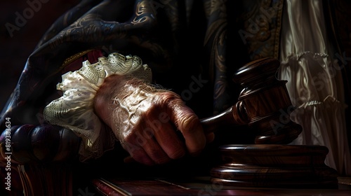 Weathered Judicial Hand Delivering Weighty Verdict with Polished Wooden Gavel