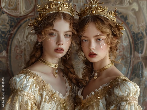 Two gemini zodiac sign girls in medieval dresses