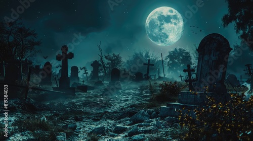  The moon shining on a haunted graveyard. Halloween background concept. photo