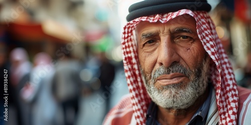 Mature Arab man serious face on street