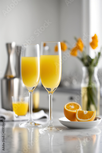 Two glasses of mimosa cocktail with fresh oranges on a white kitchen counter